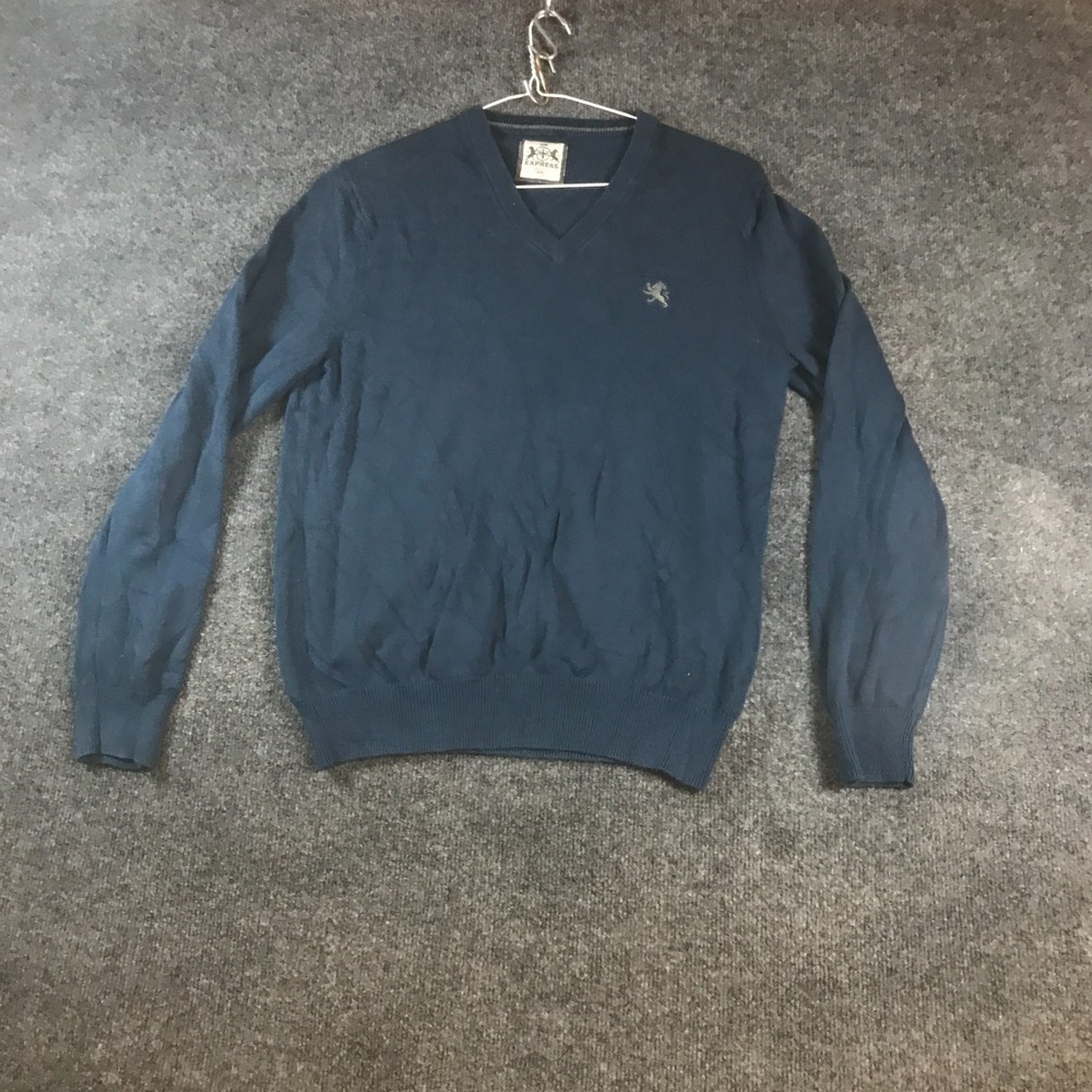 Express Sweater Mens Small Blue Good V-Neck Cotton Knit Logo Pullover